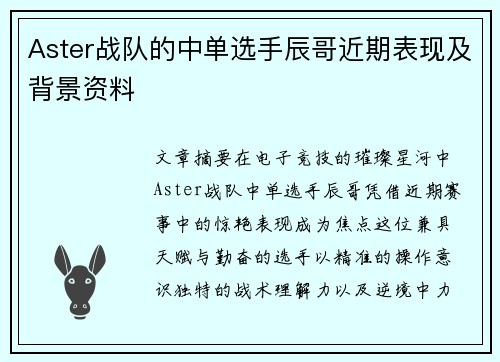 Aster战队的中单选手辰哥近期表现及背景资料