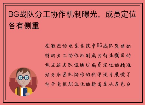 BG战队分工协作机制曝光，成员定位各有侧重